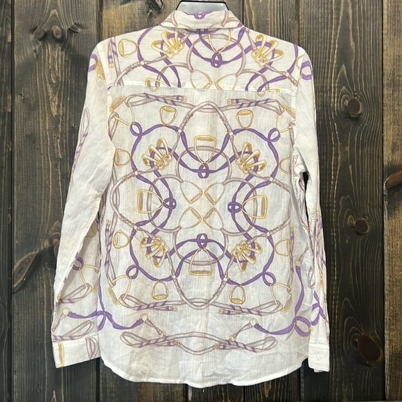 J. McLaughlin Button Front Top Size 8 Chains Straps Graphic Office 100% Cotton - Picture 4 of 8